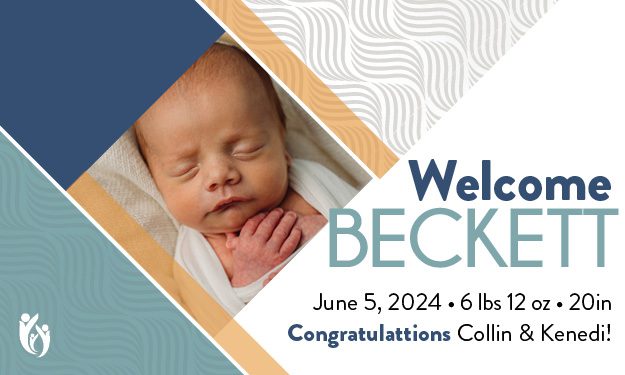 Newborn baby sleeping with hands folded, next to text welcoming Beckett—born June 5, 2024, weighing 6 lbs 12 oz and measuring 20 inches long. Congratulations Collin & Kenedi on precious baby Beckett! Geometric background design.