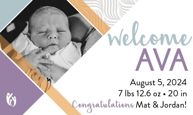 Black and white photo of a newborn baby. Text reads: welcome AVA. August 5, 2024, 7 lbs 12.6 oz, 20 in. Congratulations Mat & Jordan! Modern design with purple, gold, and gray accents.