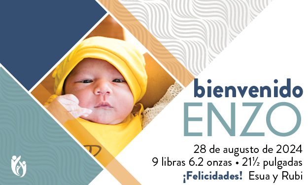 A baby in a yellow outfit is featured beside text announcing “Bienvenido Enzo” with birth details: August 28, 2024, 9 lbs 6.2 oz, 21½ in. “¡Felicidades! Esua y Rubi” appears at the bottom, warmly welcoming Enzo to the world.
