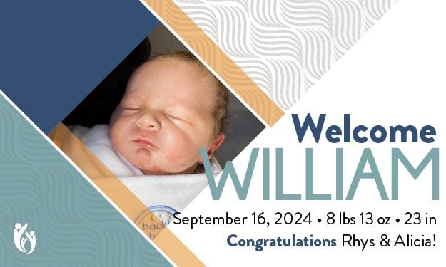 Close-up of a sleeping newborn baby swaddled in white, with text: “Welcome William, September 16, 2024, 8 lbs 13 oz, 23 in. Congratulations Rhys & Alicia!” Elegant geometric blue and gold border frames precious William’s announcement.