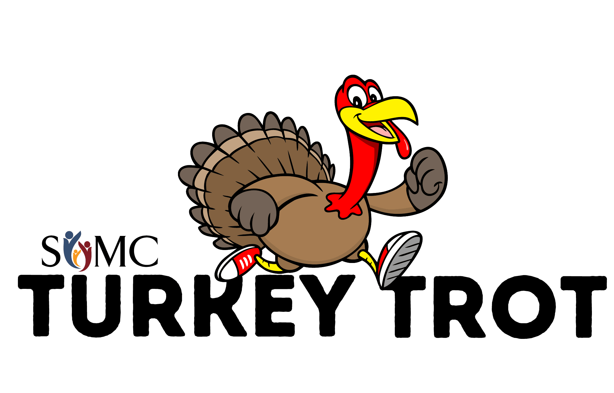 Cartoon turkey in red sneakers jogging above bold text “TURKEY TROT,” with “SOMC” logo in the top left—featuring a hand and heart in the “O”. Perfect for your 2025 Turkey Trot event or Turkey Trot Registration promotion!.
