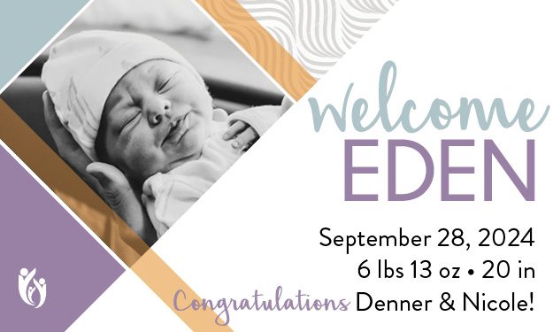 Newborn baby Eden, wearing a hat, is peacefully sleeping and swaddled in a blanket. Text says “welcome EDEN,” birth details, and “Congratulations Denner & Nicole!” in a modern card design with elegant purple and gold accents.