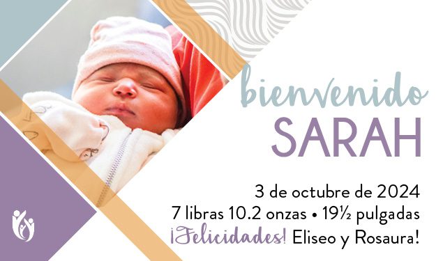 Newborn baby Sarah, wearing a pink hat with eyes closed, is gently wrapped in a blanket. The text welcomes “Sarah,” born 10-3-24, and shares her weight and length details. Warm congratulations are offered to Eliseo and Rosaura. Soft purple and pastel color accents complete the announcement.