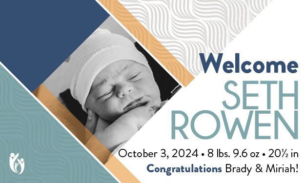 Birth announcement for Seth Rowen featuring a black-and-white photo of a newborn wearing a hat, with birth details and congratulations to Brady, Miriah, and proud aunt Sarah, on a blue and gold graphic background.