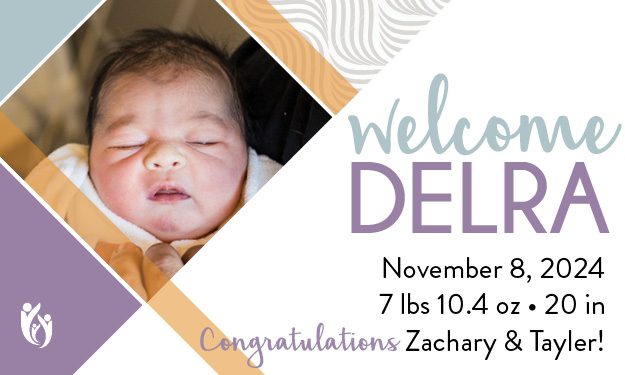 A newborn baby wrapped in a blanket, Delra is welcomed with joy. Text reads: Welcome Delra. November 8, 2024. 7 lbs 10.4 oz, 20 in. Congratulations Zachary & Tayler! Purple and gold design accents add a special touch to this announcement.