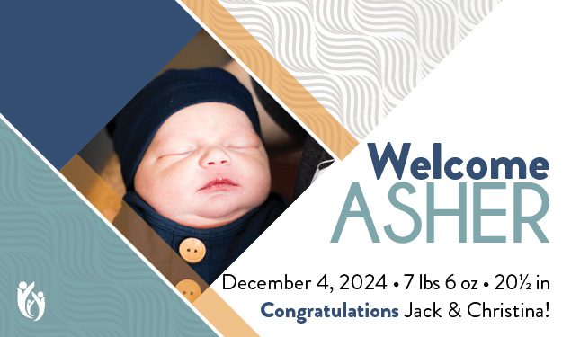 A birth announcement card featuring a newborn baby, the name “Asher,” birth details including the date 12-4-24, and text: “Congratulations Jack & Christina!” in blue and beige colors with abstract patterns.