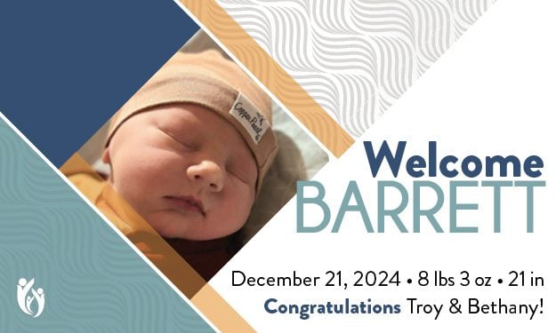 Newborn baby Barrett sleeping, wearing a tan hat and blanket. Text says, “Welcome Barrett. December 21, 2024 - 8 lbs 3 oz - 21 in. Congratulations Troy & Bethany!” Abstract background design.
