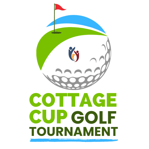 Logo of a golf ball with a red flag on green, stylized figures in the center, and the text “Cottage Cup Golf Tournament” in bold green and black letters below—perfectly capturing the excitement of this premier Golf Tournament.
