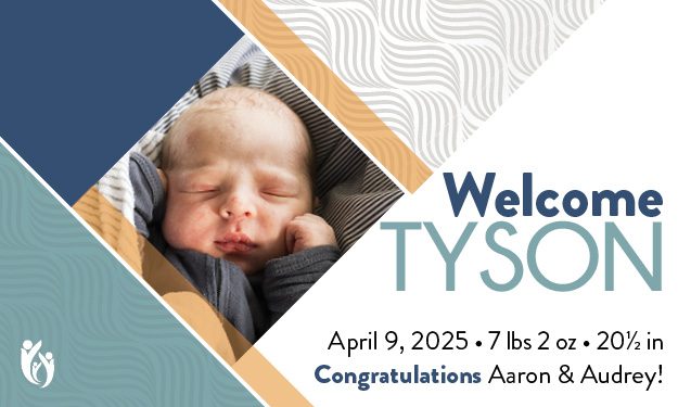 Birth announcement card featuring a sleeping newborn wrapped in a blanket, with text welcoming Tyson on 4-9-25, along with weight, length, and congratulations to Aaron & Audrey.