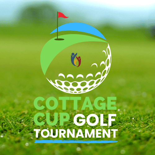 Logo of a golf ball and green with a red flag, above text: “Cottage Cup Golf Tournament.” The background shows a blurred grassy field, capturing the spirit of this exciting golf tournament and renowned charity event.