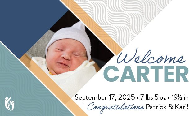 Newborn baby Carter wrapped in a blanket with a knit hat. Text: “Welcome Carter” with birth details: September 17, 2025, 7 lbs 5 oz, 19½ in. Congratulations Patrick & Kari! Blue and tan geometric design.