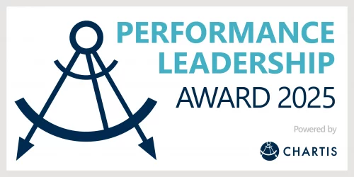 Logo with a navy blue abstract compass and arrows, symbolizing recognition and achievement, text reads “Performance Leadership Award 2025,” and “Powered by Chartis” with a globe icon—perfect for celebrating outstanding performance in awards and recognition programs.