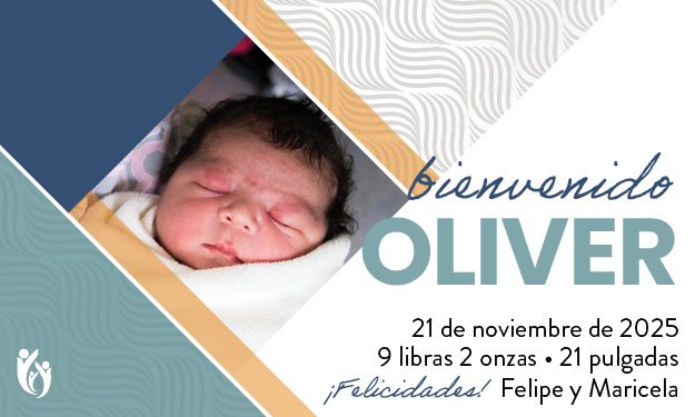 A newborn baby wrapped in a blanket, with text welcoming Oliver 11-21-25, born November 21, 2025, weighing 9 lbs 2 oz, 21 inches long. Congratulations from Felipe and Maricela.