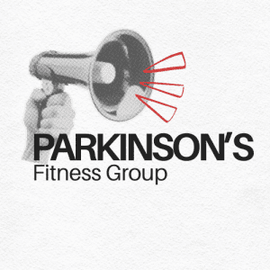 A hand holding a megaphone with red sound lines. Below, bold text reads “PARKINSON’S Fitness Group” on a textured white background.