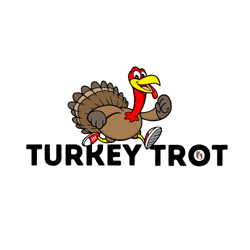 Cartoon turkey running and smiling above the words “Turkey Trot,” with the letter “O” depicted as a stopwatch, capturing the spirit of community support and fun at this festive Turkey Trot event.