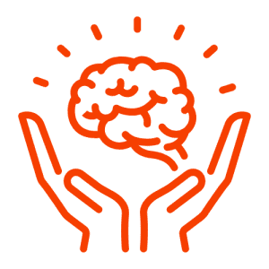 Orange outline of two hands holding a brain, with lines around the brain suggesting ideas or inspiration—symbolizing Dementia Support and care as we look toward 2026.