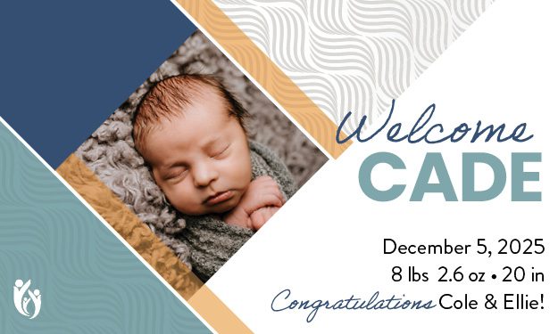 Birth announcement card featuring a sleeping newborn baby wrapped in a blanket. The text warmly welcomes Cade, born 12-5-25, weighing 8 lbs 2.6 oz and measuring 20 inches long. Congratulations to Cole and Ellie on their precious arrival. Blue and gold design adds an elegant touch.