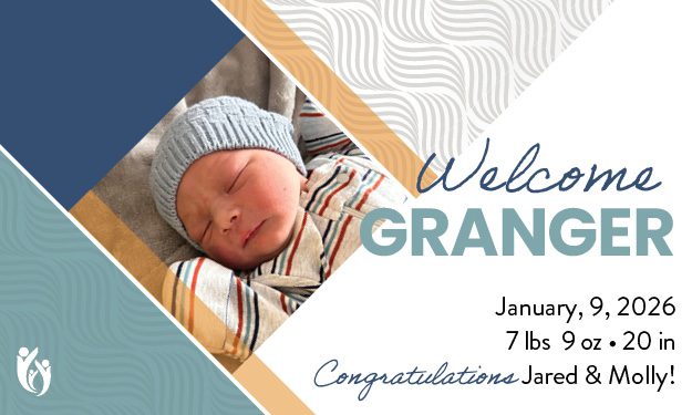 Birth announcement card featuring a sleeping newborn baby, Granger, in a striped outfit and blue knit hat. Text reads: “Welcome Granger. January 9, 2026, 7 lbs 9 oz, 20 in. Congratulations Jared & Molly!”.