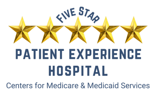 Graphic showing five gold stars above the words “Five Star Patient Experience Hospital” and “Centers for Medicare & Medicaid Services” in blue text, highlighting the hospital’s awards and recognition for outstanding patient care.