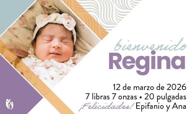 A birth announcement card featuring a sweet photo of sleeping baby Regina in a floral headband and pink outfit. The text joyfully welcomes Regina, born 3-12-26, weighing 7 lbs 7 oz and measuring 20 inches. Congratulations from Epifanio and Ana.