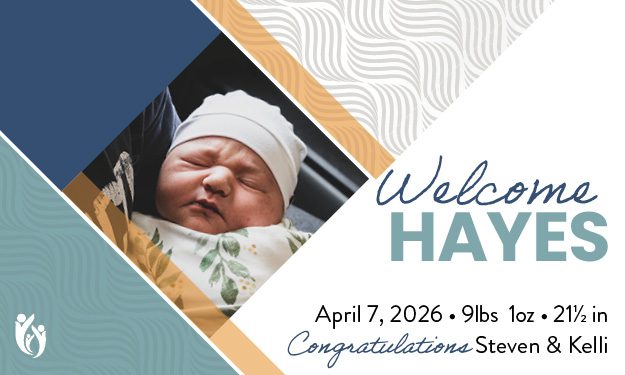 Birth announcement featuring a sleeping baby in a white hat and floral blanket. Text: “Welcome Hayes. 4-7-26 • 9lbs 1oz • 21½ in. Congratulations Steven & Kelli.” Blue and gold geometric design.