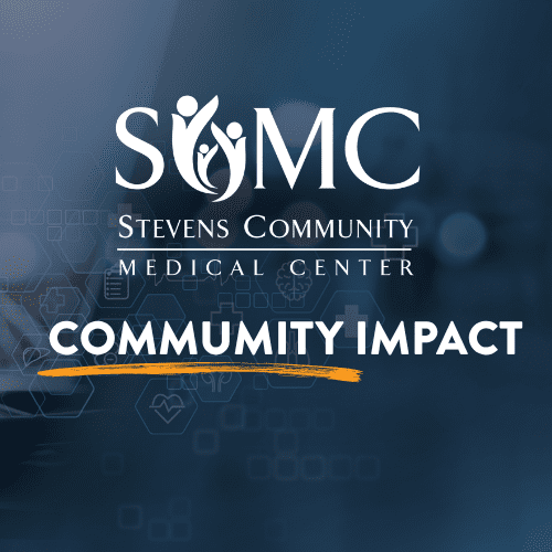 Logo for Stevens Community Medical Center with the text “COMMUNITY IMPACT” in bold white letters and an orange underline, set against a blue, abstract background with subtle geometric shapes—highlighting the significant role of MN Hospitals in driving a $6.5 Billion Community Impact.