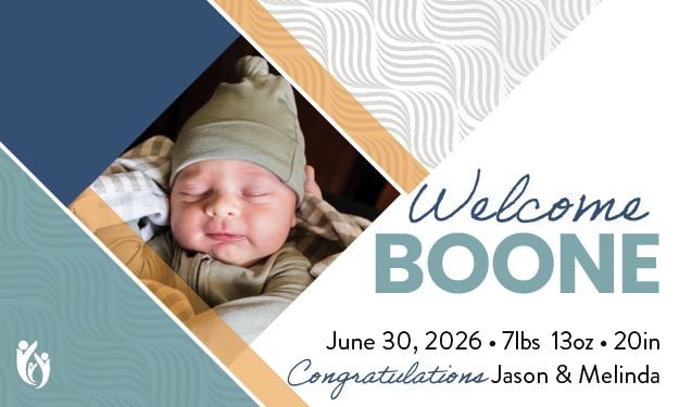 Birth announcement card featuring a sweet photo of sleeping newborn Boone in a green hat. Text reads: “Welcome Boone. 6-30-26 • 7lbs 13oz • 20in. Congratulations Jason & Melinda.”.