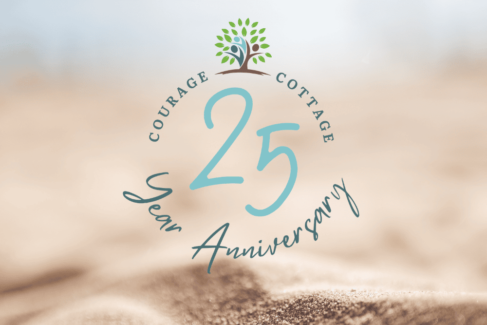 Logo with a tree above the words “Courage Cottage.” Large blue “25” in the center, celebrating 25 years, with “Year Anniversary” written below on a sandy background.