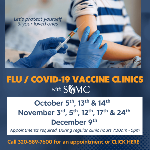 A healthcare worker wearing gloves gives a child a vaccine shot. Text provides dates for flu and COVID-19 vaccine clinics and contact information for appointments, including details on convenient drive thru flu shots. The image promotes vaccination for protection.