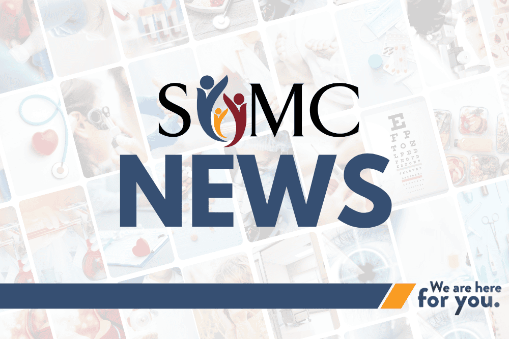 Large “SOMC NEWS” text with colorful abstract figures above “NEWS.” Background features faint healthcare-related images. Bottom right corner says, “We are here for you.” Perfect for highlighting a special Settlement Story within your news update.