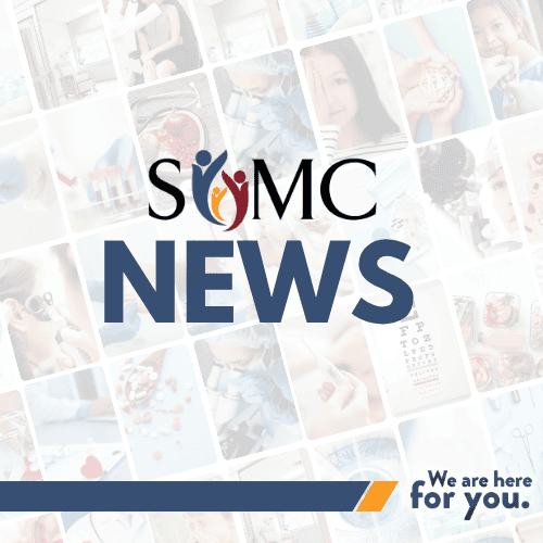 SUMC NEWS text over a faded collage of medical imagery, including doctors, equipment, and patients. The bottom right corner reads, “We are here for you,” highlighting our commitment to care—including Uninsured Discounts—for all members of our community.