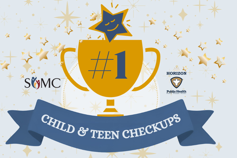 A gold trophy with a smiling star and the number 1, featuring the logos for SOMC and Horizon Public Health, with a blue banner for child and teen checkups.